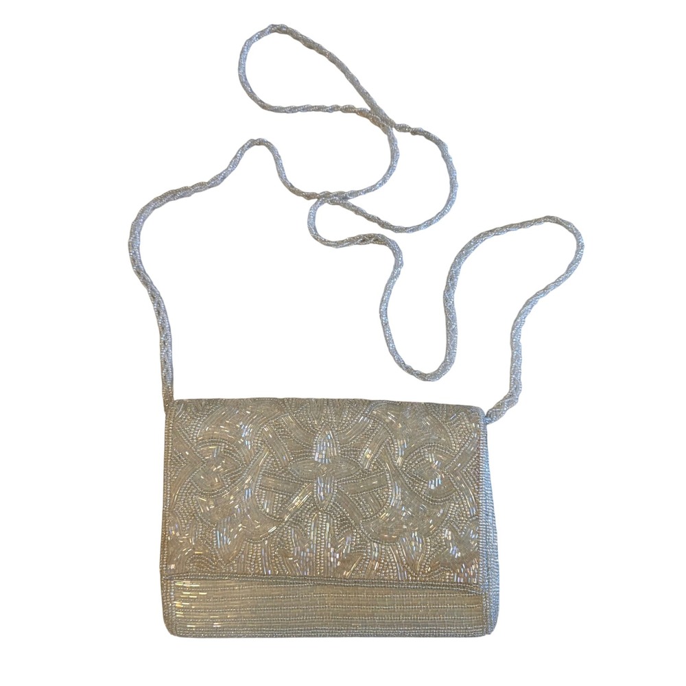Vintage 90s Iridescent Beaded Evening Bag White Crossbody Clutch Bridal Purse